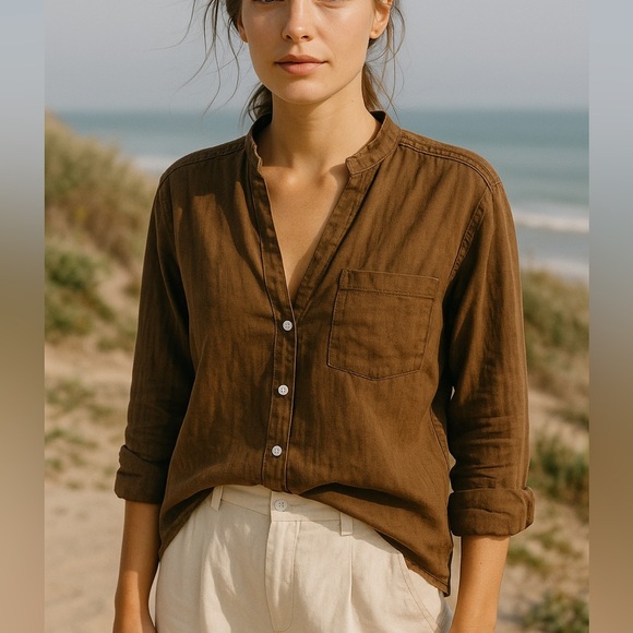 Zara Tops - Zara chocolate mocha Brown Linen Button-Up Shirt Minimalist Quiet Luxury